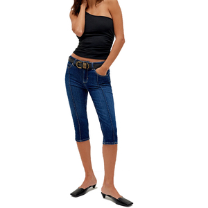Jeans Capri de Cintura Baja para Mujer, Ajustados, de Mezclilla Sólida, Transpirables, Elásticos, Estilo Casual de Verano, Pantalones Cortos - Product Image 2