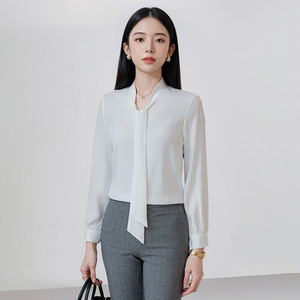 <b>White</b> Chiffon Blouse With Bow Tie Long Sleeve Office Shirt Women Solid Color Polyester <b>Wrap</b> And Tie Style - Product Image 4