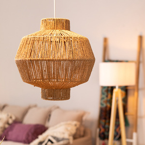 Luminaire suspendu rond en rotin et corde de chanvre, tressé, avec une seule ampoule LED E27, pour chambre à coucher, salon, balcon - Product Image 1