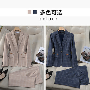 Plaid Suit Set Women Spring Autumn Office Lady Full Sleeve Polyester Anti-Wrinkle Two Piece Professional Attire - Product Image 3