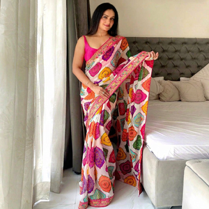 Sari Tradicional Indio de Georgette de NiMa Creations, con Borde Bordado, Largo hasta el Suelo, para Fiestas, Corte Regular para Mujer, para Todas las Temporadas, de Secado Rápido - Product Image 1