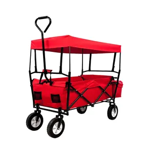 HW50 heavy duty steel frame folding wagon with awning for outdoor camping multiple usage luggage transport storage Coconut cart