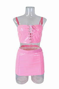 ชุดบราแบบพัน3ชิ้นกระโปรงสั้นสำหรับไนท์คลับชุดผ้าพียูสำหรับผู้หญิงชุดชั้นในเซ็กซี่สีดำ - Product Image 5