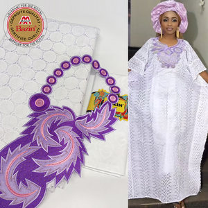 Tessuti africani di pizzo a secco di cotone con colletto per le donne abbigliamento da sposa fatto da te cucito Nigeria Mali puro latte <span class=keywords><strong>bianco</strong></span> lacci di seta - Product Image 1