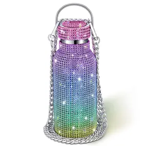 Offre Spéciale Bling strass acier inoxydable bouteille thermique paillettes diamant bouteille d'eau avec chaîne pour femmes filles cadeaux