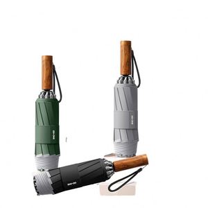 Nouveau modèle moderne de parapluie inversé à trois plis entièrement automatique, anti-UV, en tissu Ripstop 280T à 10 baleines, avec bande réfléchissante et motif grain de bois - Product Image 1