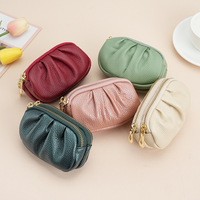 Tas dompet kulit asli wanita, dompet koin Mini mode murah, dompet kulit asli, dompet perubahan ritsleting ganda, kantung Vintage kartu pengurus rumah tangga wanita