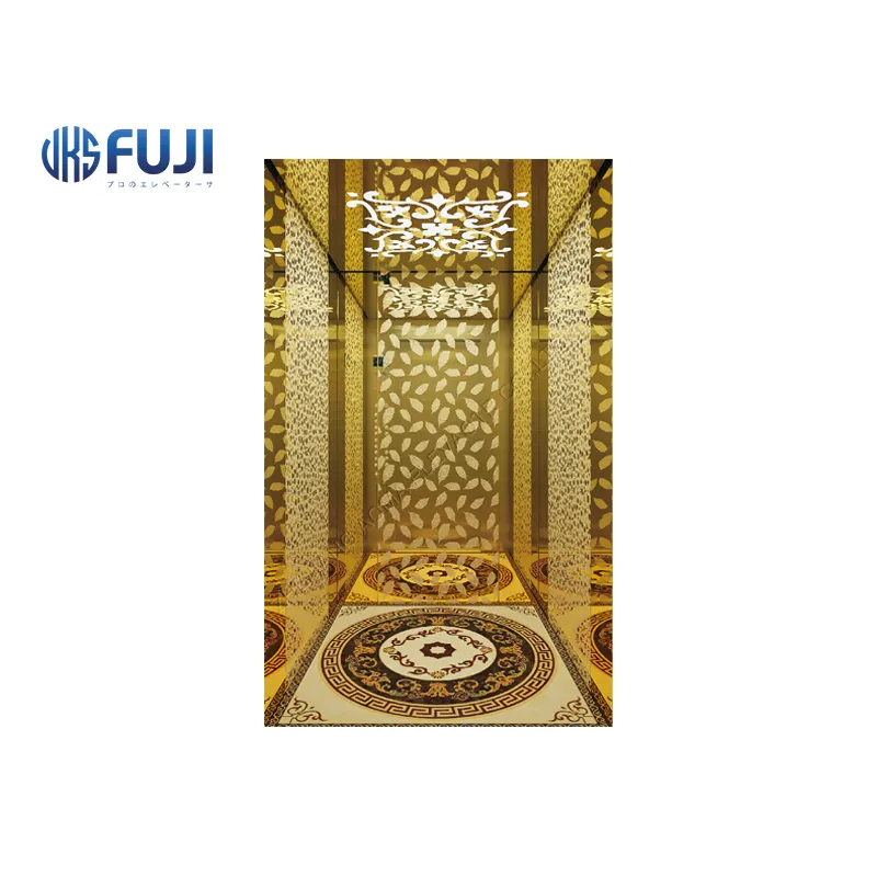 Fábrica de elevadores de China, cabina de habitación de máquina magníficamente decorada, elevador de pasajeros de oro rosa