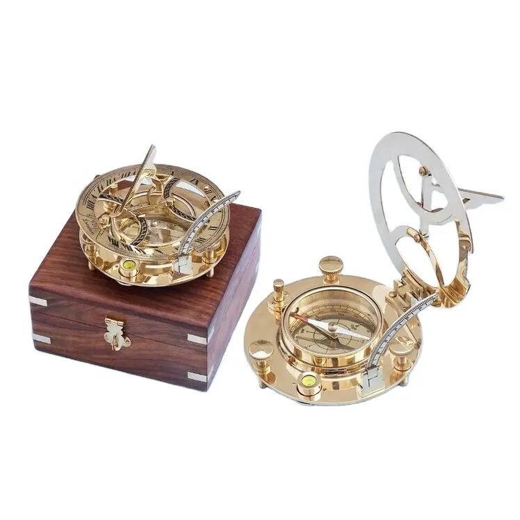 Высококачественный латунный солнечный компас в деревянной коробке, антикварные готовые морские подарки, Компасы, оптовая продажа