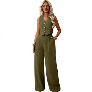 Women's Olive Green Sleeveless V-Neck <b>Blazer</b> Top With Button Detail And Wide Leg Pants Two Piece <b>Set</b> Casual Spring Summer Outfit - Product Image 2