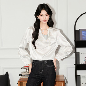 Women's Long Sleeve Dark Purple Satin Blouse With <b>Wrap</b> Tie Neck V Neck Design For Everyday Wear - Product Image 4