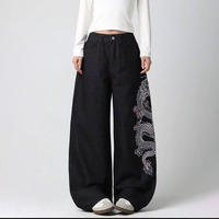 Pantalon en jean large brodé motif dragon style rétro américain – Noir, taille haute, longueur ras du sol