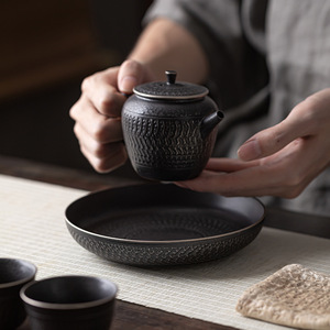 Chinese Retro Handmade Ceramic <b>Tea</b> Tray With Lid Flat Shape Silver Black For Kung Fu <b>Tea</b> <b>Set</b> Home Use - Product Image 1