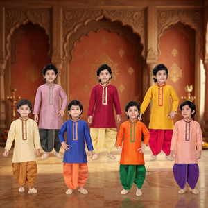 ชุดกางเกงคุร์ตะผ้าฝ้ายสำหรับเด็กผู้ชายแบบไม่ยับ |   7 สีใหม่ |   ปกเสื้อปักลาย |   ไซส์ 010 |   เทศกาลชาติพันธุ์อินเดีย - Product Image 3