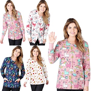 Women Long Sleeve Crew Neck Cardigan Moisture Wicking Knitted Scrub <b>Top</b> Hospital Uniforms Split Set - Product Image 3