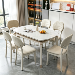 Ensemble de table à manger extensible ronde moderne en pierre frittée marbrée avec 6 chaises, design minimaliste pour la salle à manger à domicile - Product Image 5