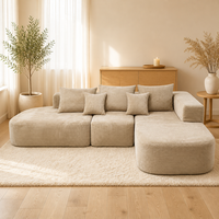 Canapé modulaire en velours côtelé orange brûlé et vert, en forme de L, avec chaise longue, bicolore, profil bas, pour salon