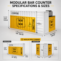Comptoir de service de style conteneur avec combinaison d'armoires de rangement et étagères de présentation pour café, restaurant et espace commercial