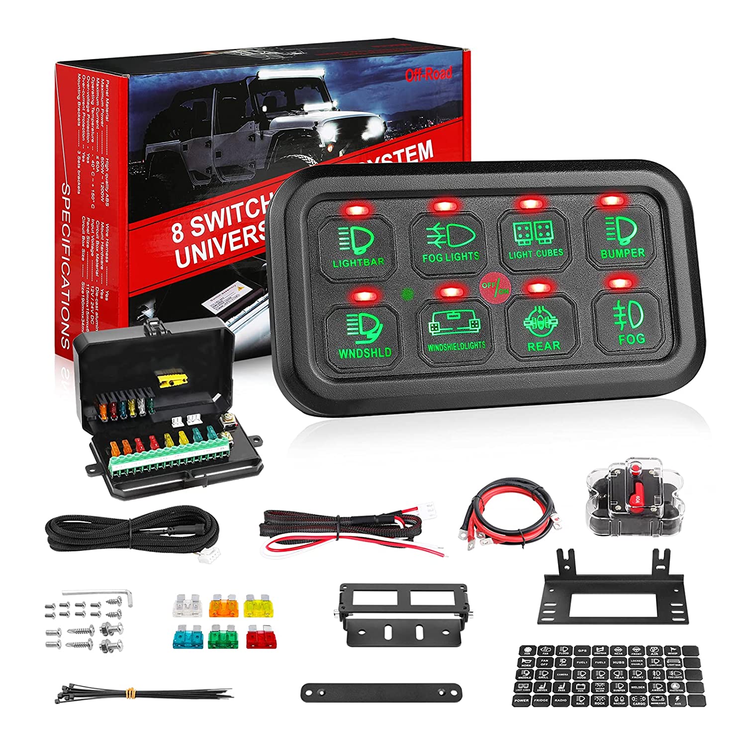 Универсальная мембранная панель переключателя 12 В, 24 В, 8 каналов, кнопочный переключатель, блок управления для автомобильного внедорожного освещения