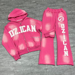 À la mode brodé lourd survêtement survêtement coton français Terryacid lavage fermeture éclair à capuche et jambe large pantalon de survêtement ensemble - Product Image 1