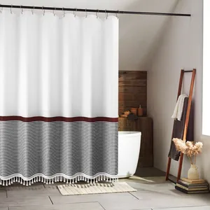 波西米亚流苏浴帘条纹浴帘用于浴室装饰，耐用厚重的72英寸条形浴室窗帘
