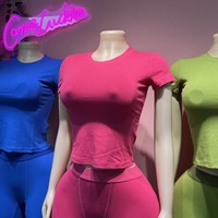 Set Pakaian Olahraga Wanita Rajutan Rib Knit Katun Elastis dengan Logo Custom Musim Panas, Atasan Crop Top dan Celana Pendek, 2 Potong, Set Lounge Wear