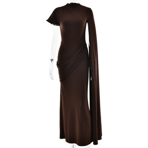 Robe de soirée pour femme, col rond, manches courtes, plissée asymétrique, longue, confortable, taille naturelle, tenue décontractée - Product Image 5