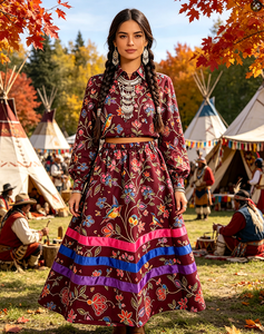 Falda Maxi de Mujer con Estampado Floral de Colibrí Estilo Vintage Canadiense, con Cintas de Colores y Volantes, Cintura Elástica, Venta al por Mayor, Ropa Casual Boho - Product Image 4