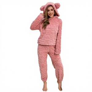 Cute Women's Pink Jacquard Casual Warm Autumn Knitted Pajama <b>Set</b> <b>Square</b> Heart Soft Shu Velvet Fleece Hooded Ears Elastic Waist - Product Image 2