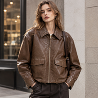 Veste en cuir de mouton surdimensionnée pour femmes, col à revers, fermeture éclair sur le devant, grandes poches plaquées, manteau en peau de mouton véritable