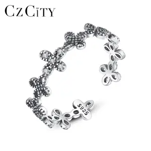 CZCITY Black Rhodium Plated Band Adjustable Lady 925 Zircon Sterling Silver Woman Birth Flower Ring