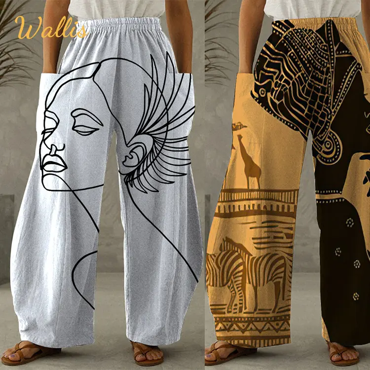 الأزياء الكتابة على الجدران 3D طباعة امرأة طويلة السراويل بنطلون فضفاض Pantalones مرونة الخصر الرجعية فانوس زائد حجم بنطلون نسائي