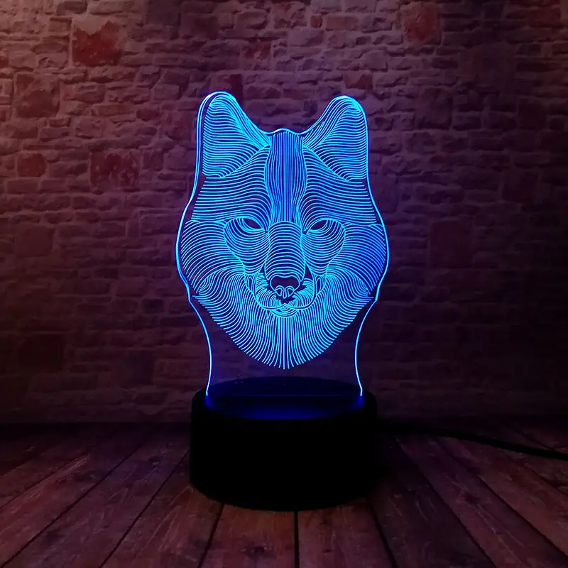 Hot Sale 3D visual wolf head Multi-colored Acrylic Light Creative gift Home Furnishing 7 color change