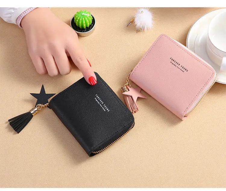 New Korean style Simple Square women's wallet Short Zipper Small Leather wallet Tassel Mini coin purse wholesale