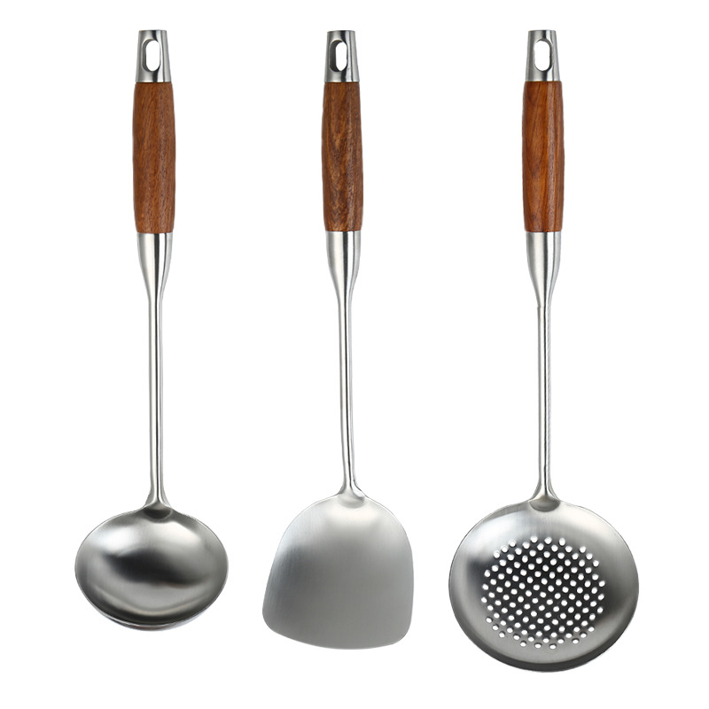 Espátula para Wok de acero inoxidable, mango de madera, pala de cocina, cucharón, utensilios de cocina, utensilios de cocina para hornear, utensilios de cocina