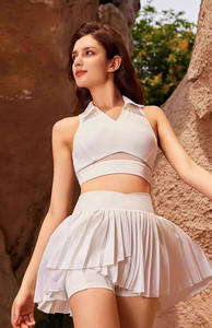 Aoyema donna estate tempo libero Sexy Yoga con collo a Polo canotta manica corta con gonne ad asciugatura rapida Fitness 2 pezzi Set Tennis - Product Image 4