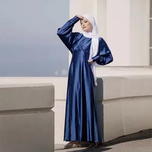 イスラム服ディープブルーハイウエストラックス花嫁介添人エレガントなサテン生地女性イスラム教徒のドレス