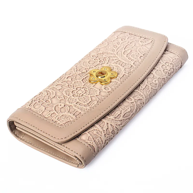 Factory customize cheap price flower embroidery PU long ladies wallet