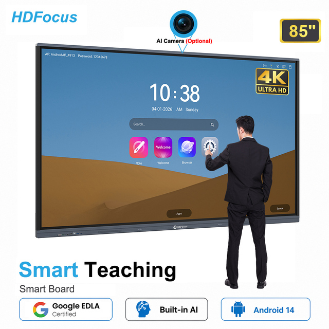 HDFocus 85 Inch Interactive LCD Touch Screen All in One PC Whiteboard 4K Dual OS Google EDLA for Education Conference