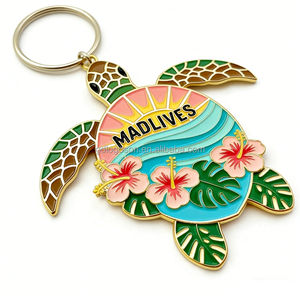 Porte-clés Souvenir Touristique Thème Plage Motif Hibiscus Vente en Gros Usine Maldives Logo Personnalisé Tortue Métallique Émaillée - Product Image 1