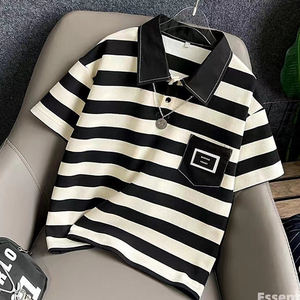 T-shirt en coton pour garçons, vêtements d'été pour enfants plus âgés, haut à manches courtes rayé avec col polo, tendance - Product Image 5