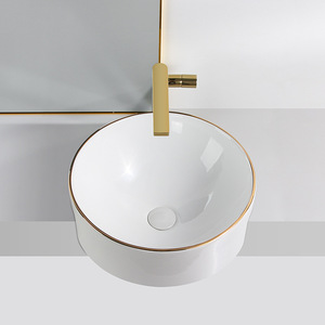 <b>Round</b> Ceramic Countertop <b>Basin</b> Semi Recessed Gold Rim Single Hole Easy Cleaning Bathroom Sink - Product Image 1
