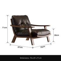 Fauteuil lounge vintage en bois massif avec coussin en cuir véritable pour balcon/salon, lecture et détente