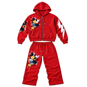 <b>Red</b> Solid Heavyweight Full Zip 100% Cotton <b>Hoodie</b> and Track Pants Set Vintage Streetwear for Autumn - Product Image 1