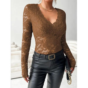 Blusa Elegante para Mujer, Cuello en V, Encaje, Manga Larga, Corte Ajustado, Spandex/Algodón, Estilo Oficina, Color Negro Sólido, Uso Diario - Product Image 5