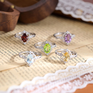 9 Vintage 6*8mm Oval cut Natural Stone Flower <b>Adjustable</b> <b>Rings</b> <b>Adjustable</b> 925 Silver Colorful Gemstone Fine Jewelry for Women - Product Image 3