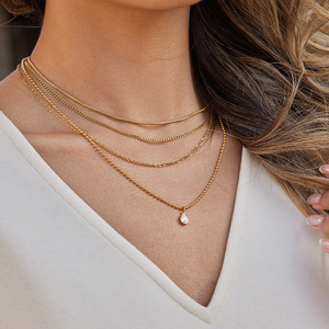 Collier multi-couches en acier inoxydable avec pendentif goutte d'eau, design géométrique, pour femmes, bijoux tendance - Product Image 3
