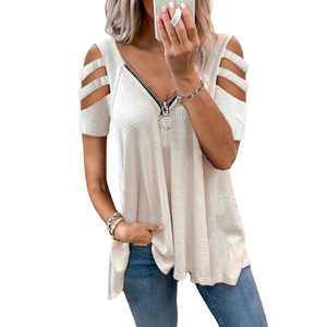 Women's Waffle <b>Zipper</b> V-Neck Off Shoulder Short Sleeve T-Shirt Solid Color Breathable Plus Size <b>Top</b> - Product Image 4