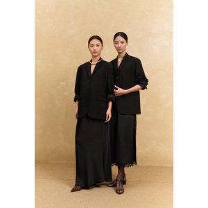 Women's 78% Polyester 18% Rayon 4% Spandex Silk Full Length Notched Collar Full Sleeve 2 Piece Long Set Solid Plain Dyed - Product Image 1