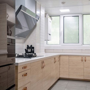 Armoire de cuisine en bois massif en forme de L sur mesure avec plan de travail en pierre de quartz, panneau de porte en acrylique laqué, robinet, charnière - Product Image 1